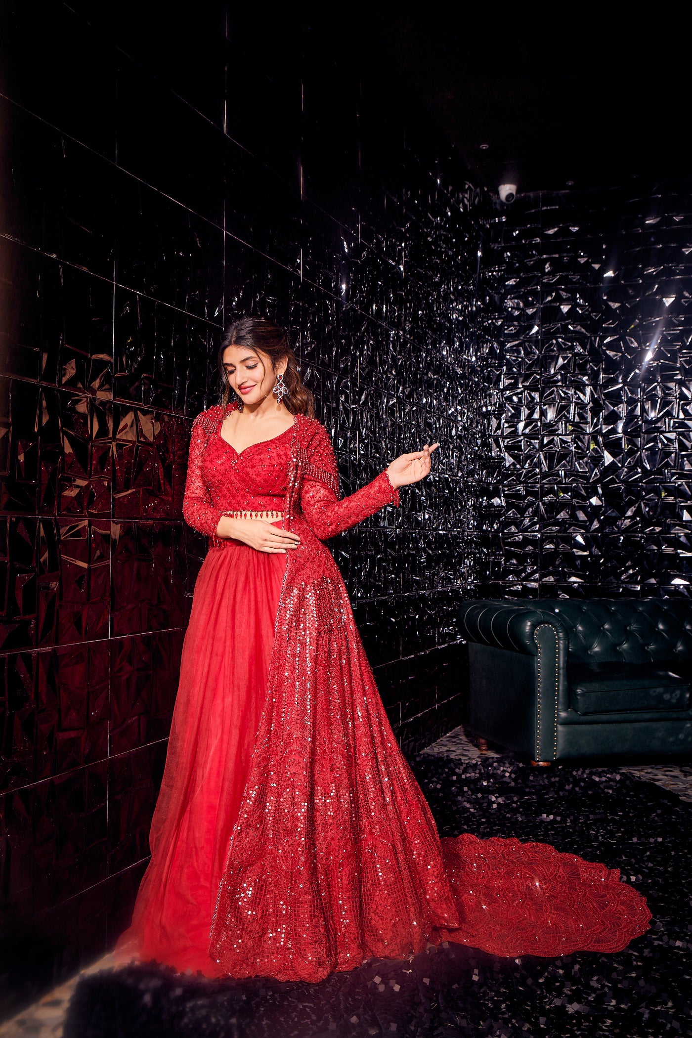 Neeru'S Red Color Sequence Embroidered Lehenga Set