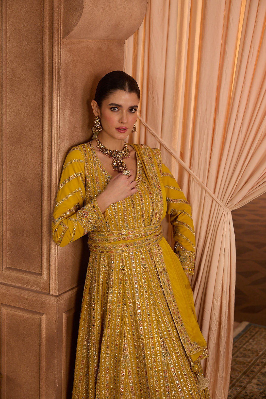 Neerus Yellow Embroidery Georgette Fabric Anarkali with Dupatta