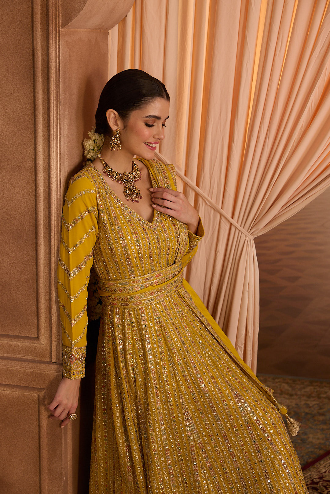 Neerus Yellow Embroidery Georgette Fabric Anarkali with Dupatta