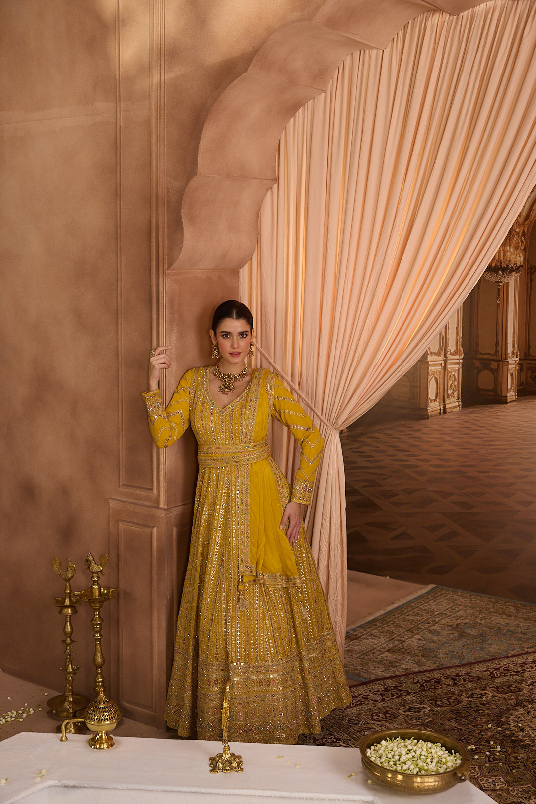 Neerus Yellow Embroidery Georgette Fabric Anarkali with Dupatta