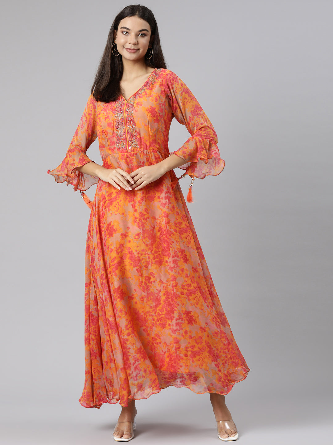 Neeru's Orange Straight Casual Floral Dresses