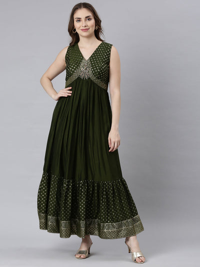 Neerus Mehadi Green Flared Casual Ethnic Motifs Maxi Dresses