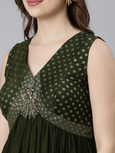 Neerus Mehadi Green Flared Casual Ethnic Motifs Maxi Dresses