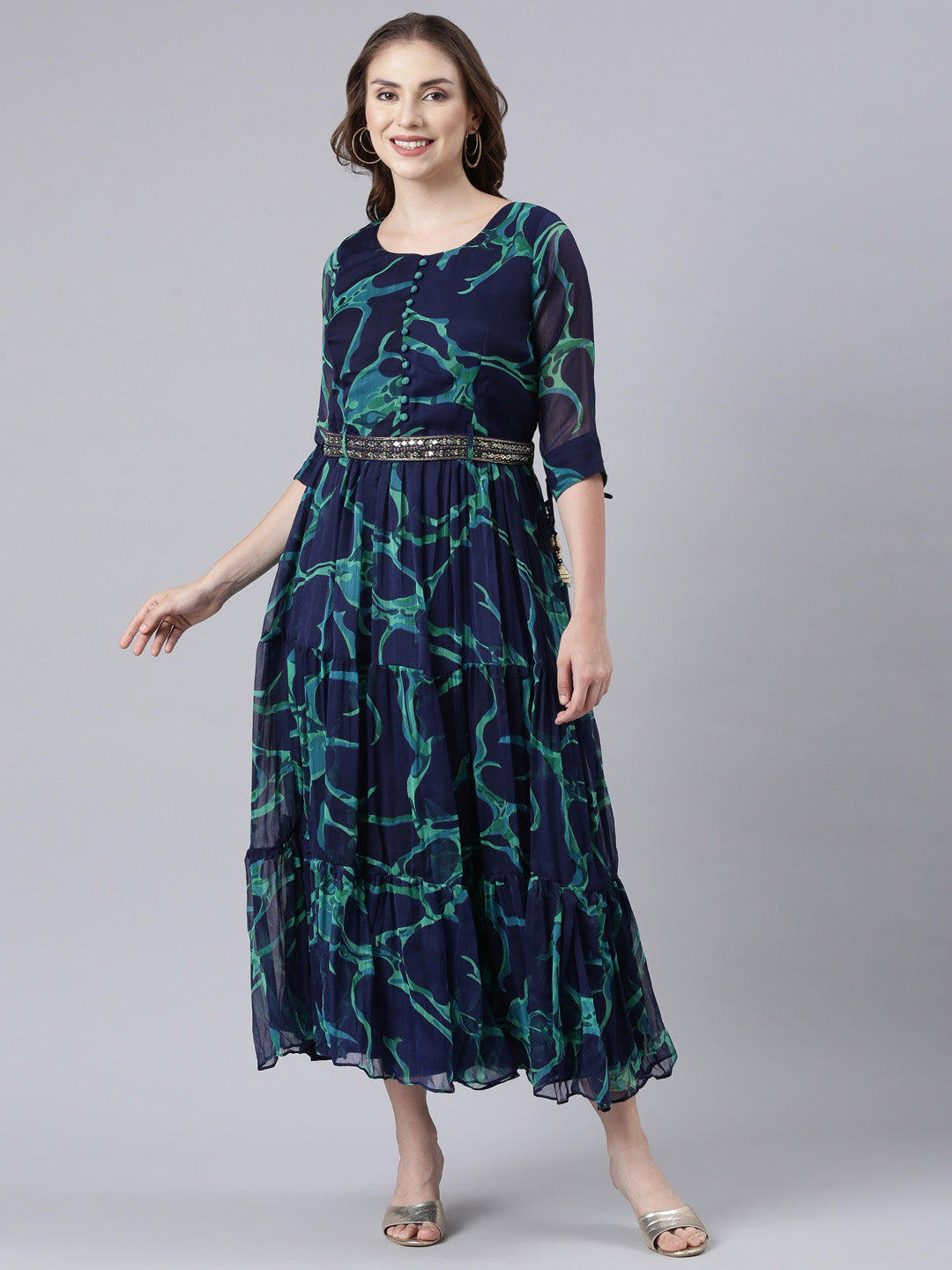 Neerus Navy Blue Flared Casual Tie And Dye Maxi Dresses