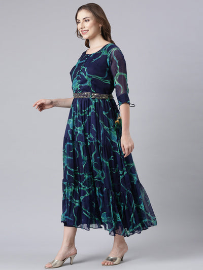 Neerus Navy Blue Flared Casual Tie And Dye Maxi Dresses