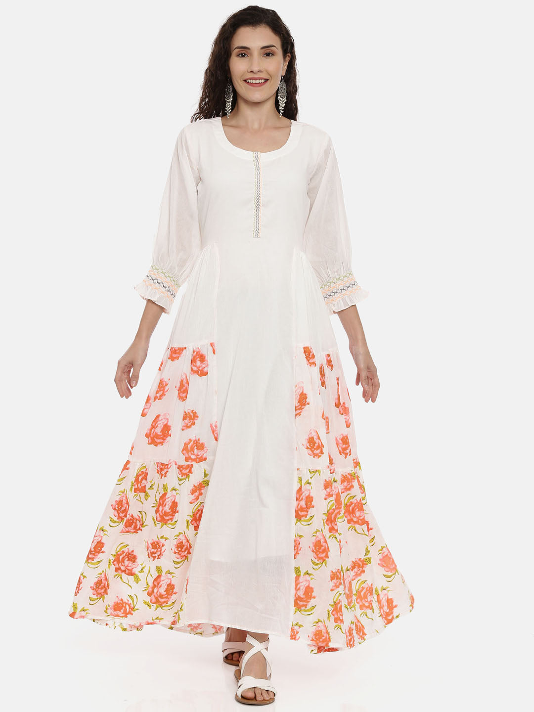 Neerus White Floral Printed Thread Work Kurta