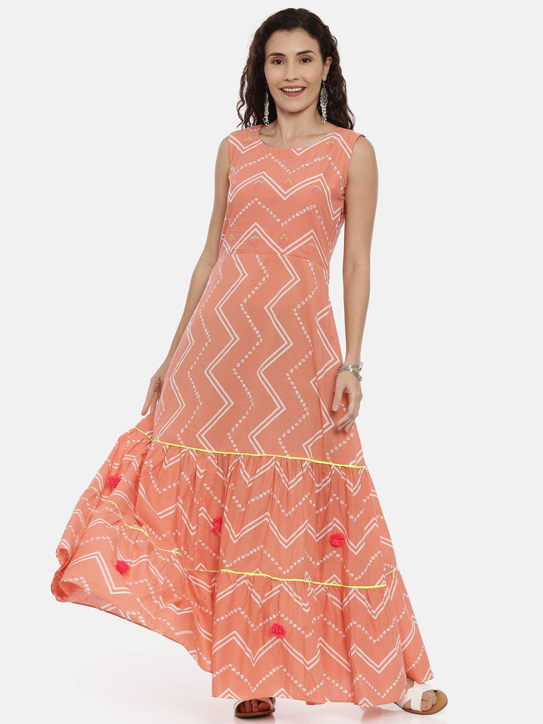 Neerus Women Coral Chevron Printed Anarkali Kurta