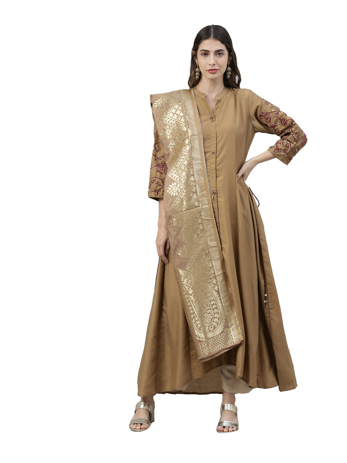 Neerus Women Brown Golden Ethnic Motifs Thread Work Kurta