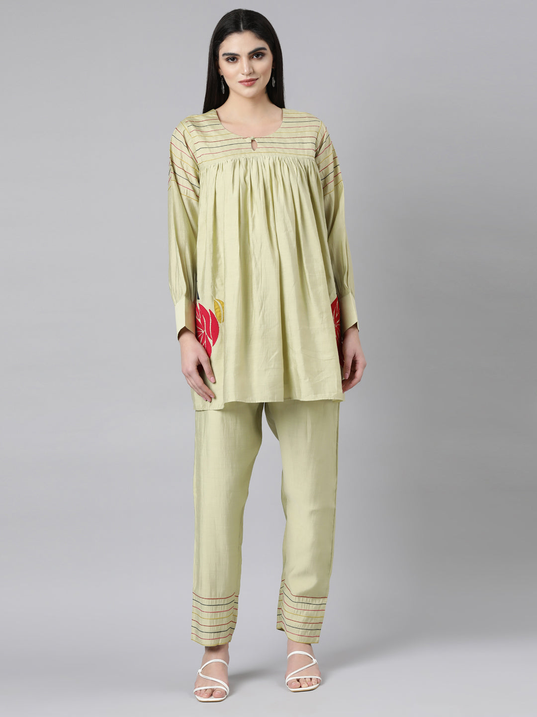 Neerus Green Pleated Straight Floral Top And Trousers