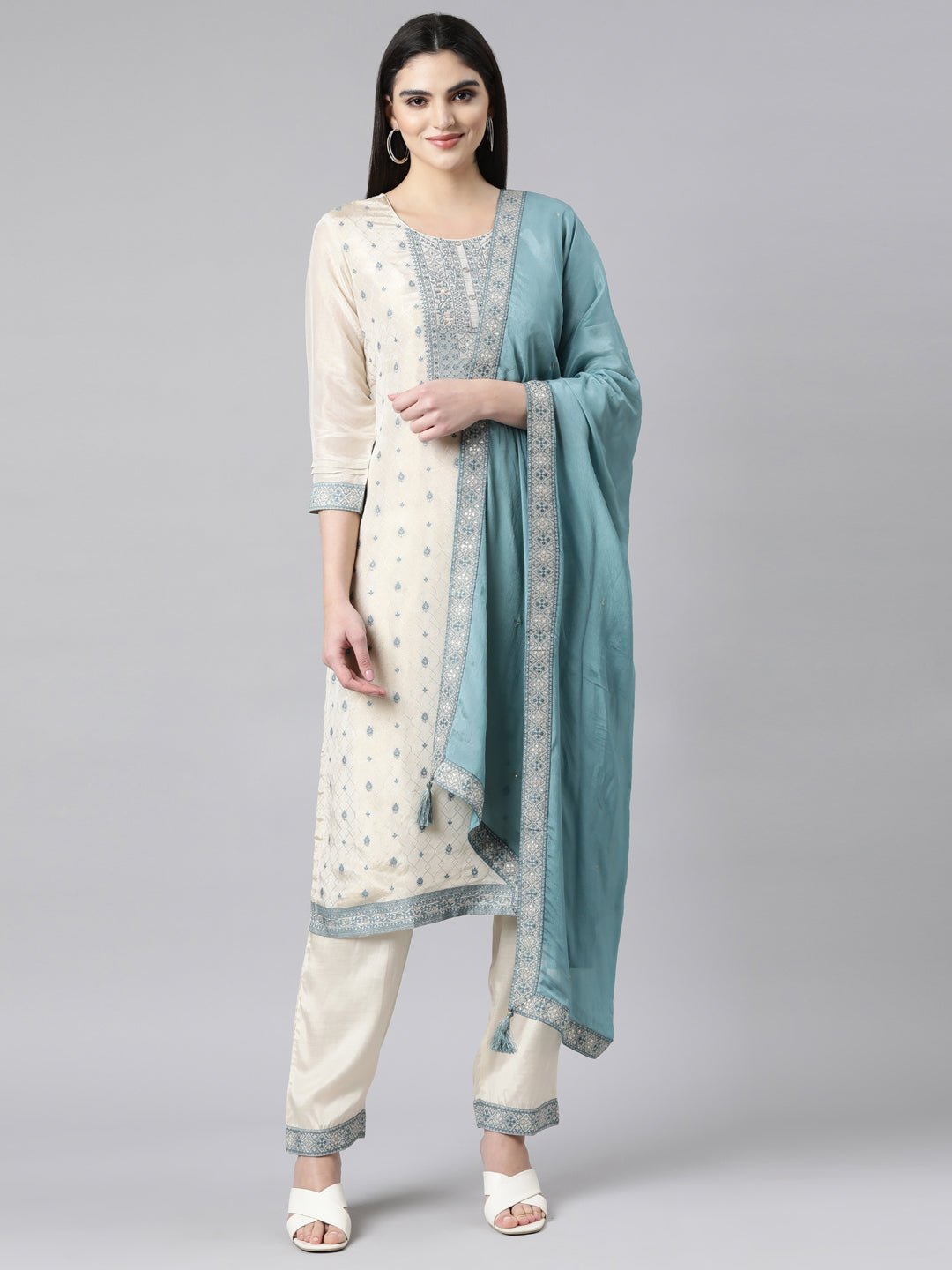 Neerus Cream Regular Straight Floral Kurta And Trousers With Dupatta