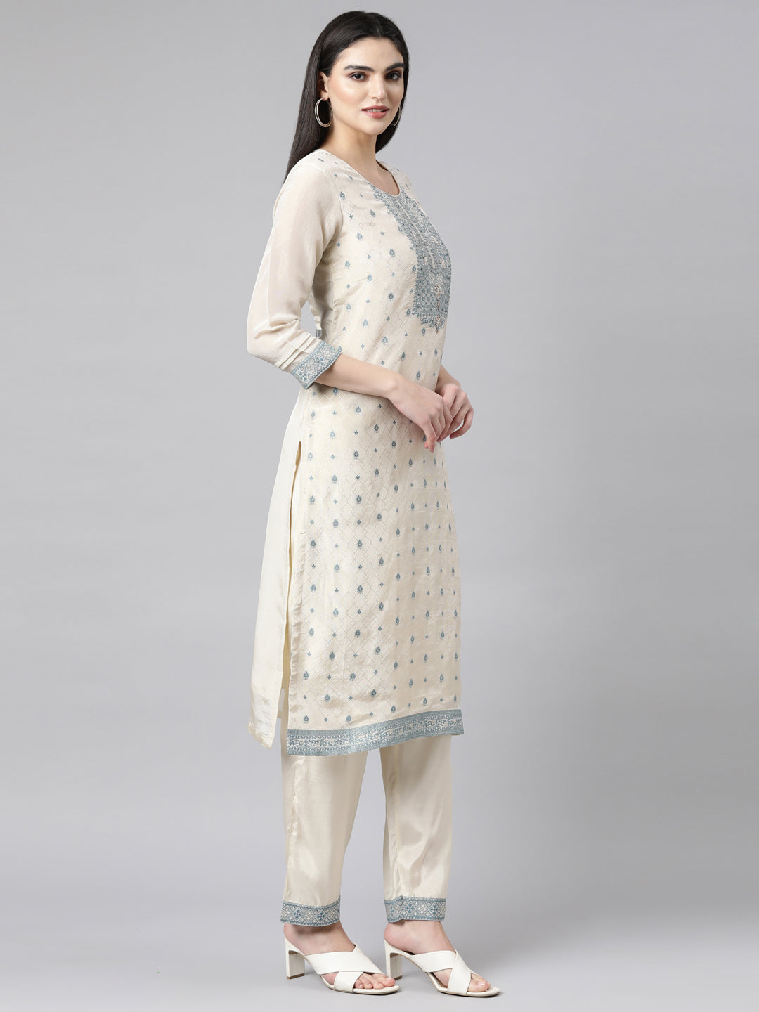 Neerus Cream Regular Straight Floral Kurta And Trousers With Dupatta