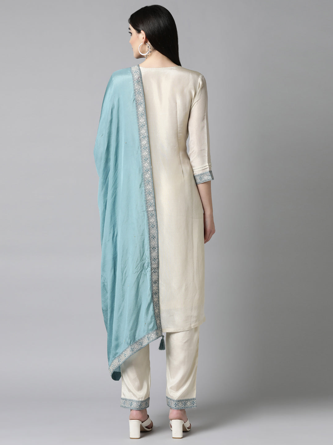 Neerus Cream Regular Straight Floral Kurta And Trousers With Dupatta