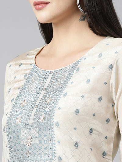 Neerus Cream Regular Straight Floral Kurta And Trousers With Dupatta