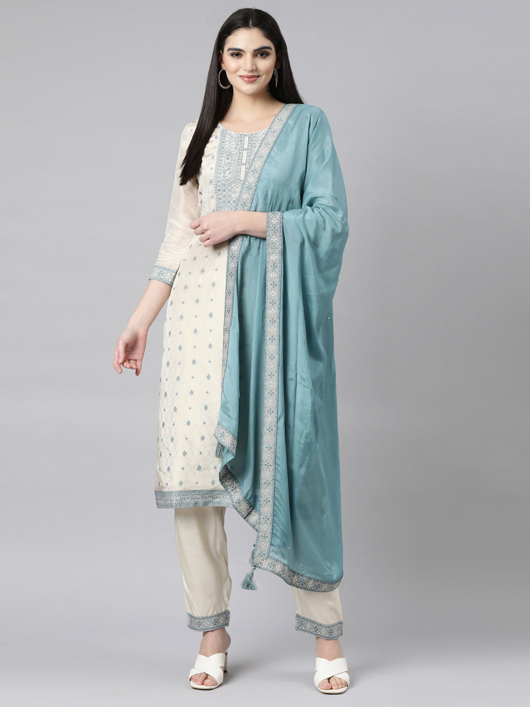 Neerus Cream Regular Straight Floral Kurta And Trousers With Dupatta