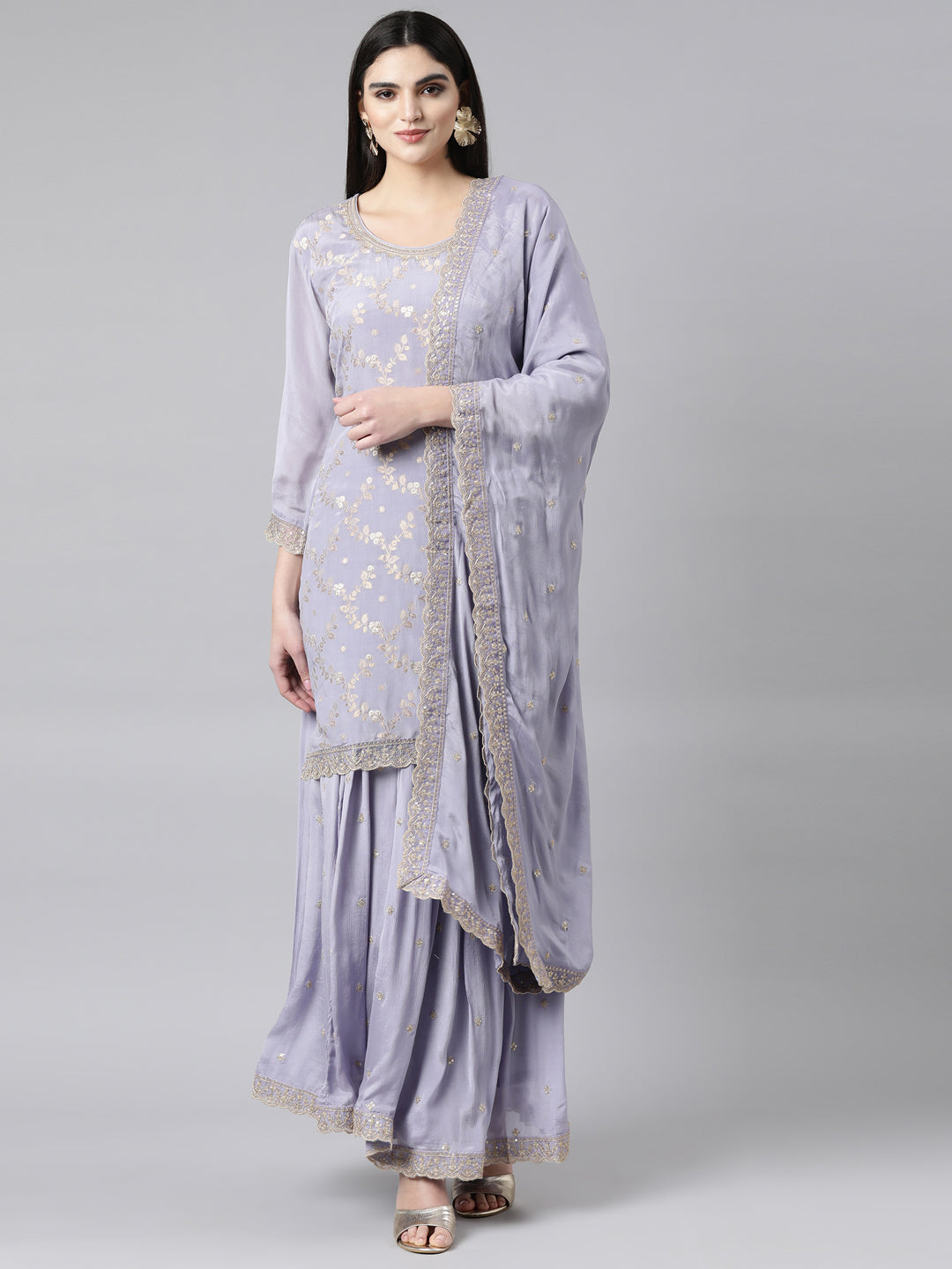 Neerus Lavender Regular Straight Floral Kurta And Palazzos With Dupatta