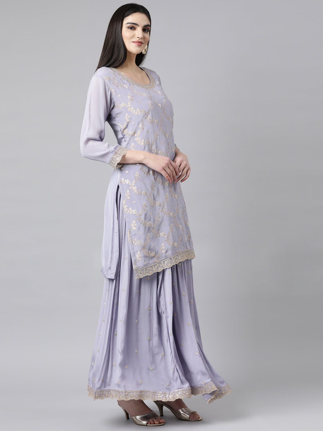 Neerus Lavender Regular Straight Floral Kurta And Palazzos With Dupatta