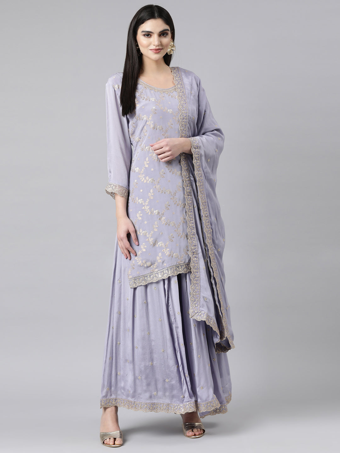 Neerus Lavender Regular Straight Floral Kurta And Palazzos With Dupatta