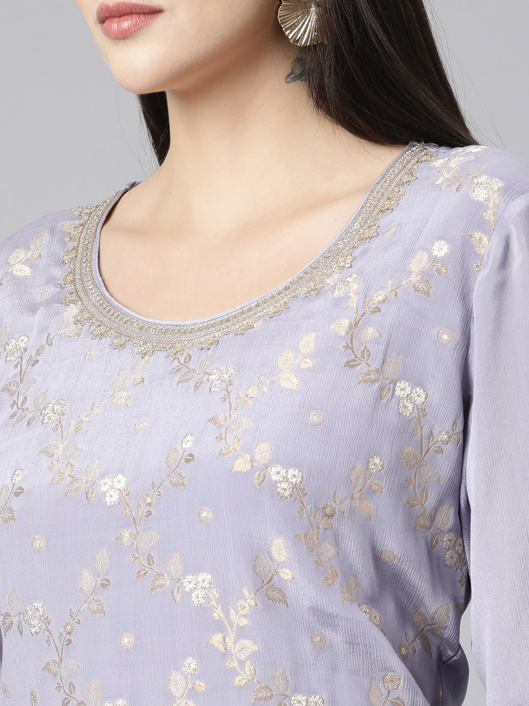 Neerus Lavender Regular Straight Floral Kurta And Palazzos With Dupatta