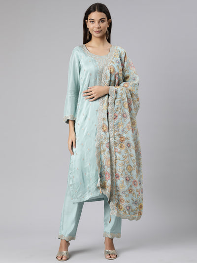 Neeru's Sea Green Regular Straight Floral Kurta And Trousers With Dupatta