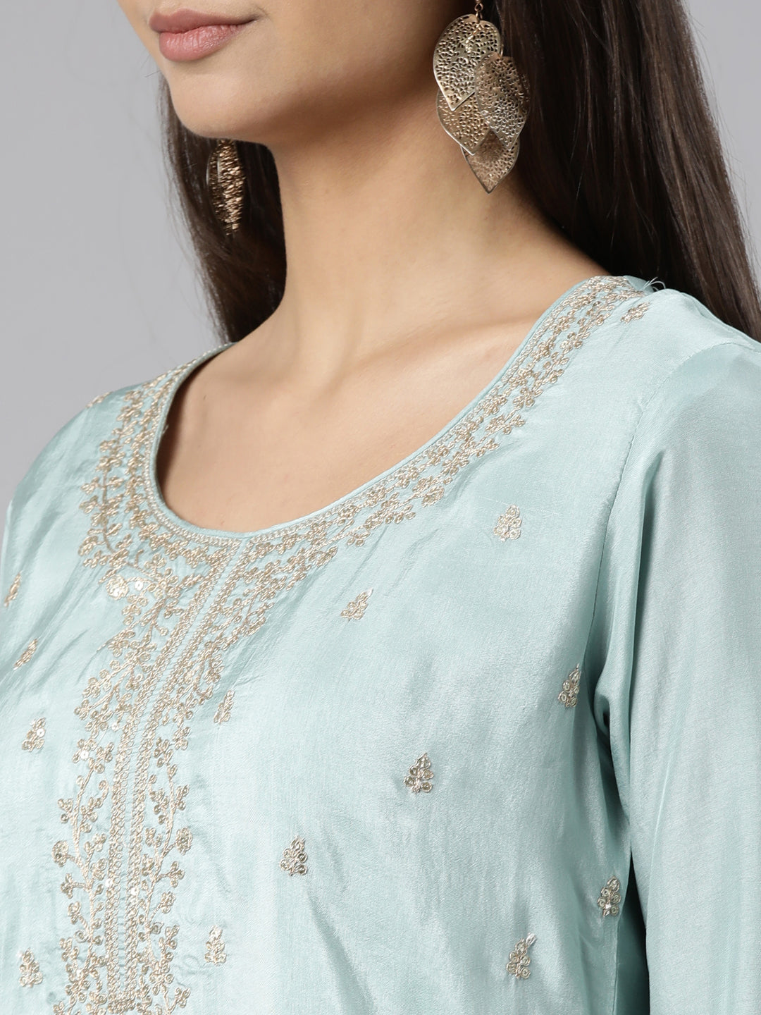 Neeru's Sea Green Regular Straight Floral Kurta And Trousers With Dupatta