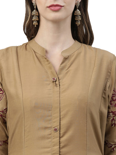 Neerus Women Brown Golden Ethnic Motifs Thread Work Kurta