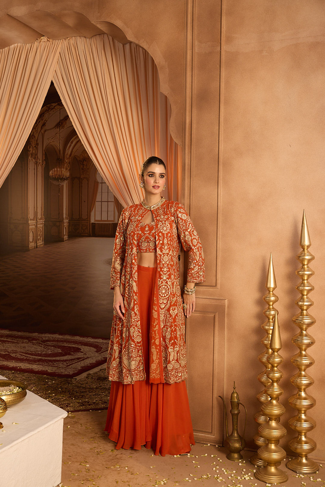 Neerus Rust Embroidery Georgette Fabric Fusion Set.