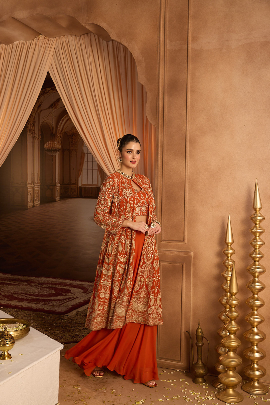 Neerus Rust Embroidery Georgette Fabric Fusion Set.