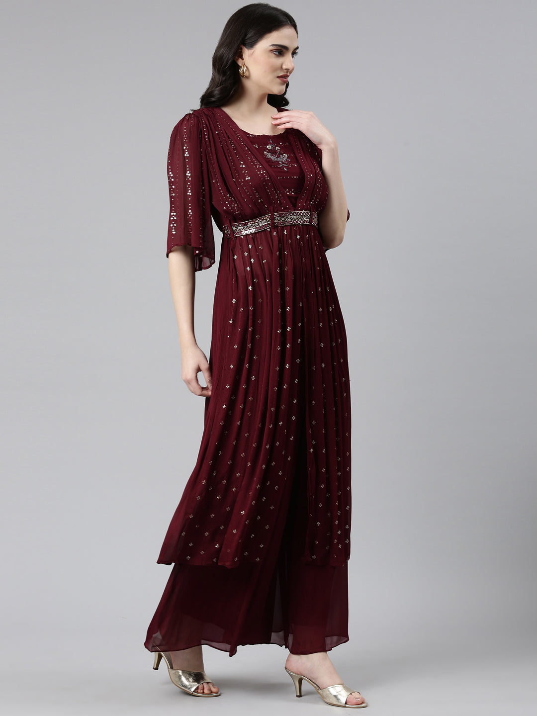 Neeru's Burgundy Pleated Straight Embroidered Kurta And Palazzos With Dupatta