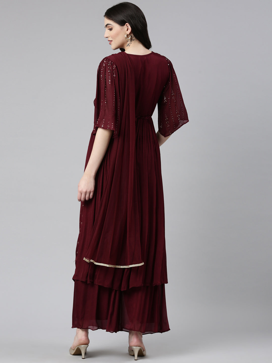 Neeru's Burgundy Pleated Straight Embroidered Kurta And Palazzos With Dupatta