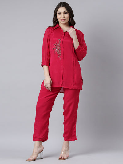 Neerus Pink Regular Straight Solid Top And Trousers