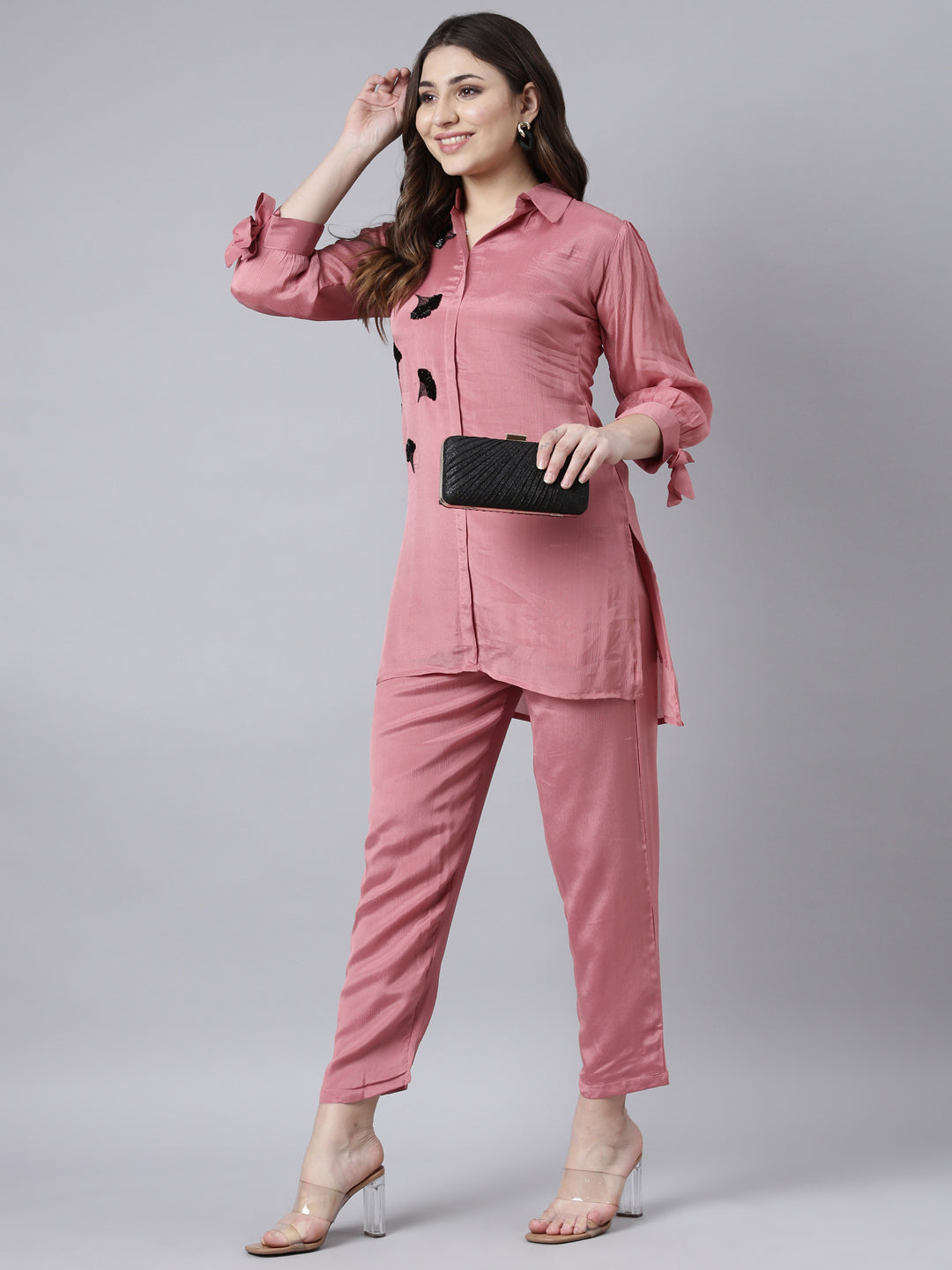 Neerus Pink Regular Straight Solid Top And Trousers