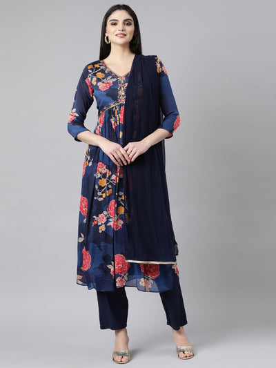 Neerus Navy Blue Pleated Straight Floral Kurta And Trousers With Dupatta