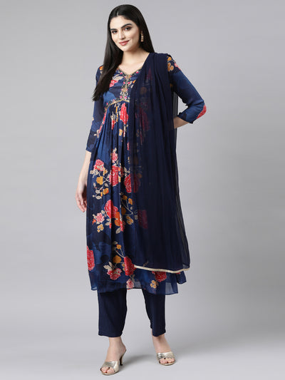 Neerus Navy Blue Pleated Straight Floral Kurta And Trousers With Dupatta