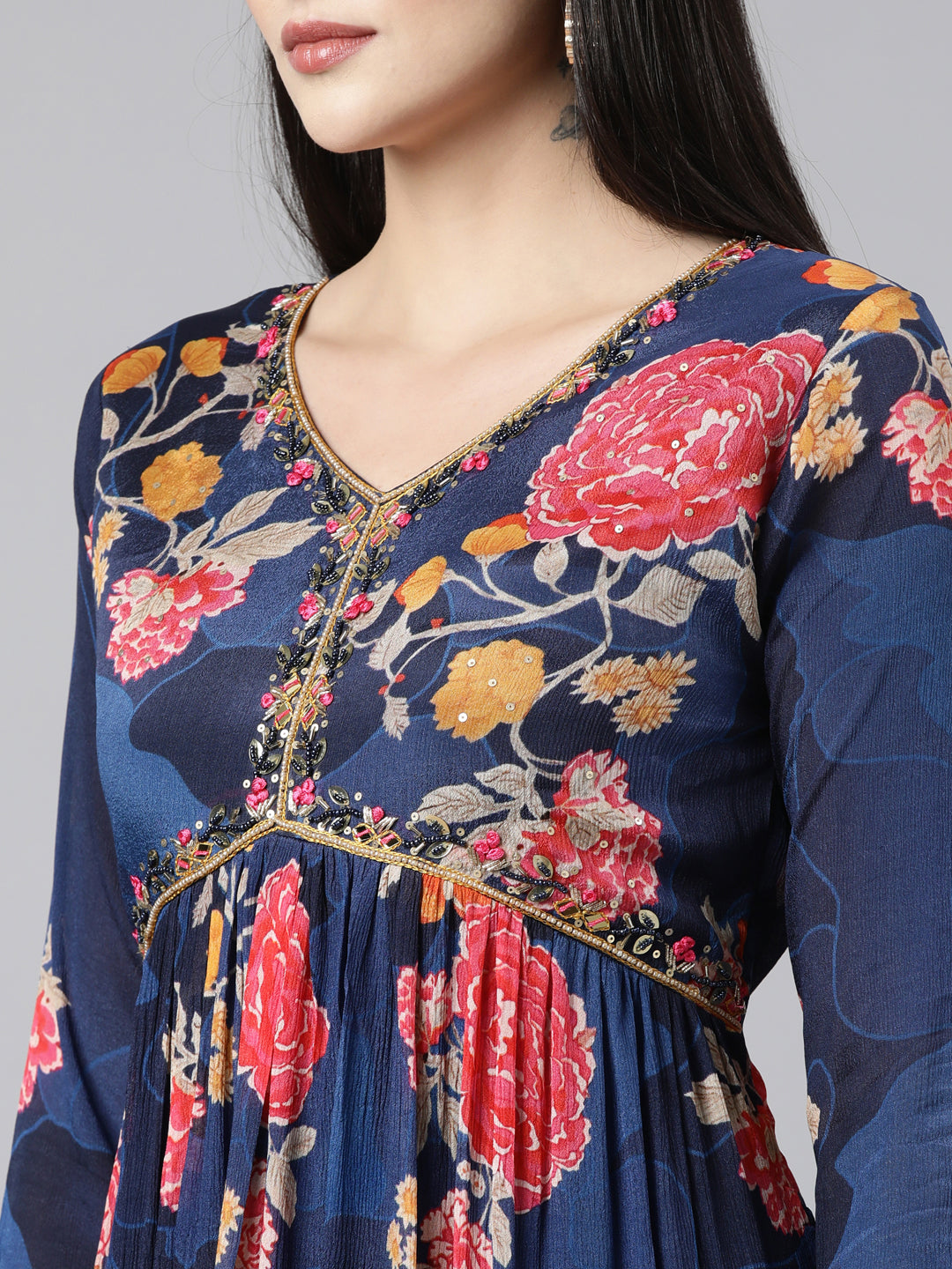 Neerus Navy Blue Pleated Straight Floral Kurta And Trousers With Dupatta