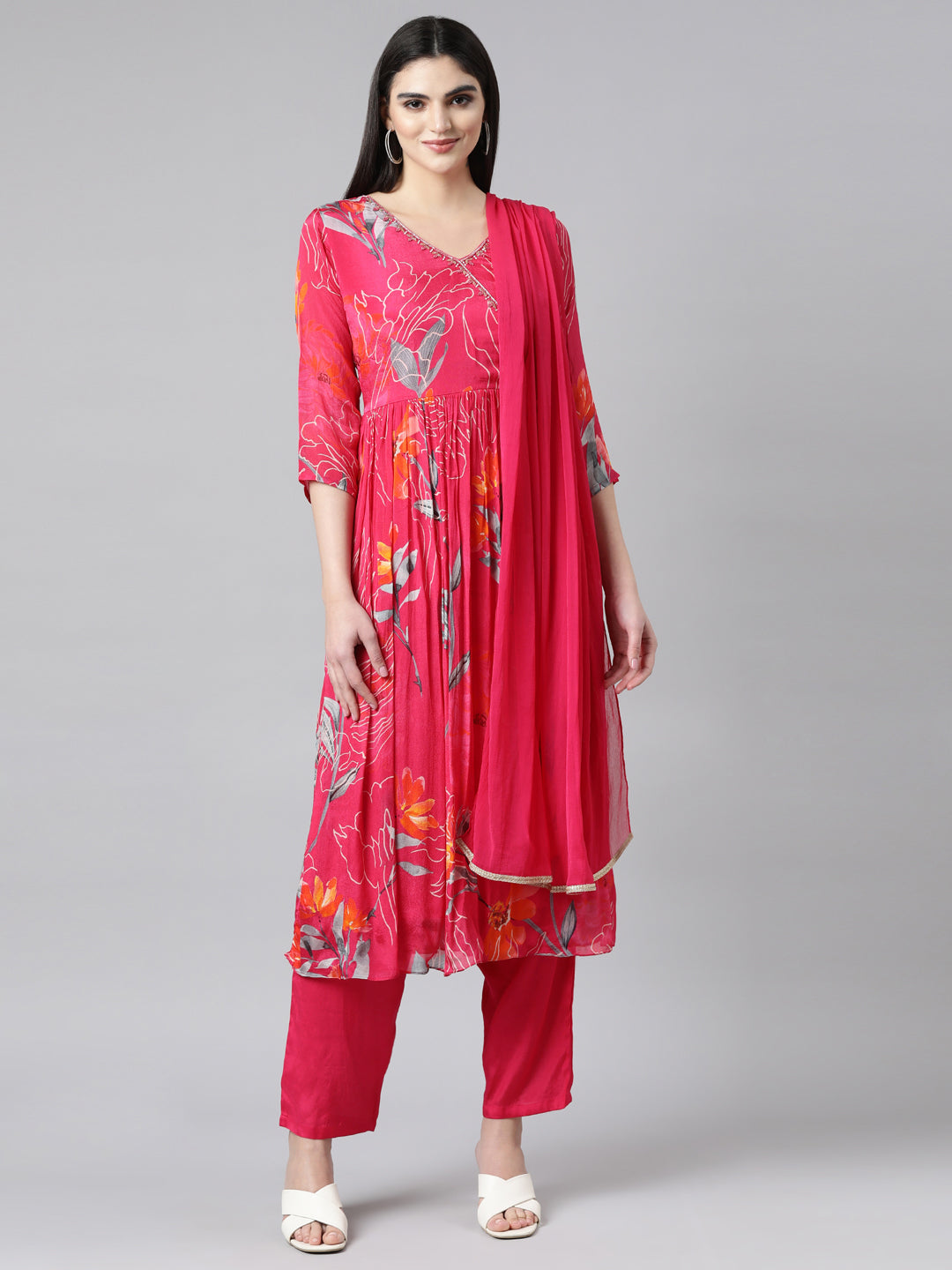 Neerus Pink Pleated Straight Floral Kurta And Trousers With Dupatta