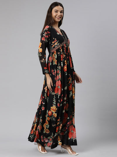 Neeru's Black Flared Casual Floral Dresses