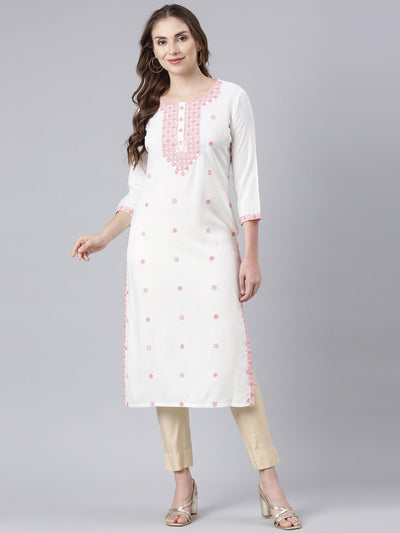 Neerus Pink Panelled Straight Floral Kurtas