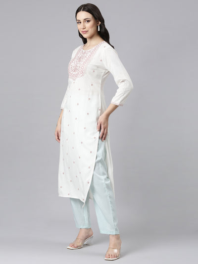 Neerus Pink Straight Casual Embellished Kurtas