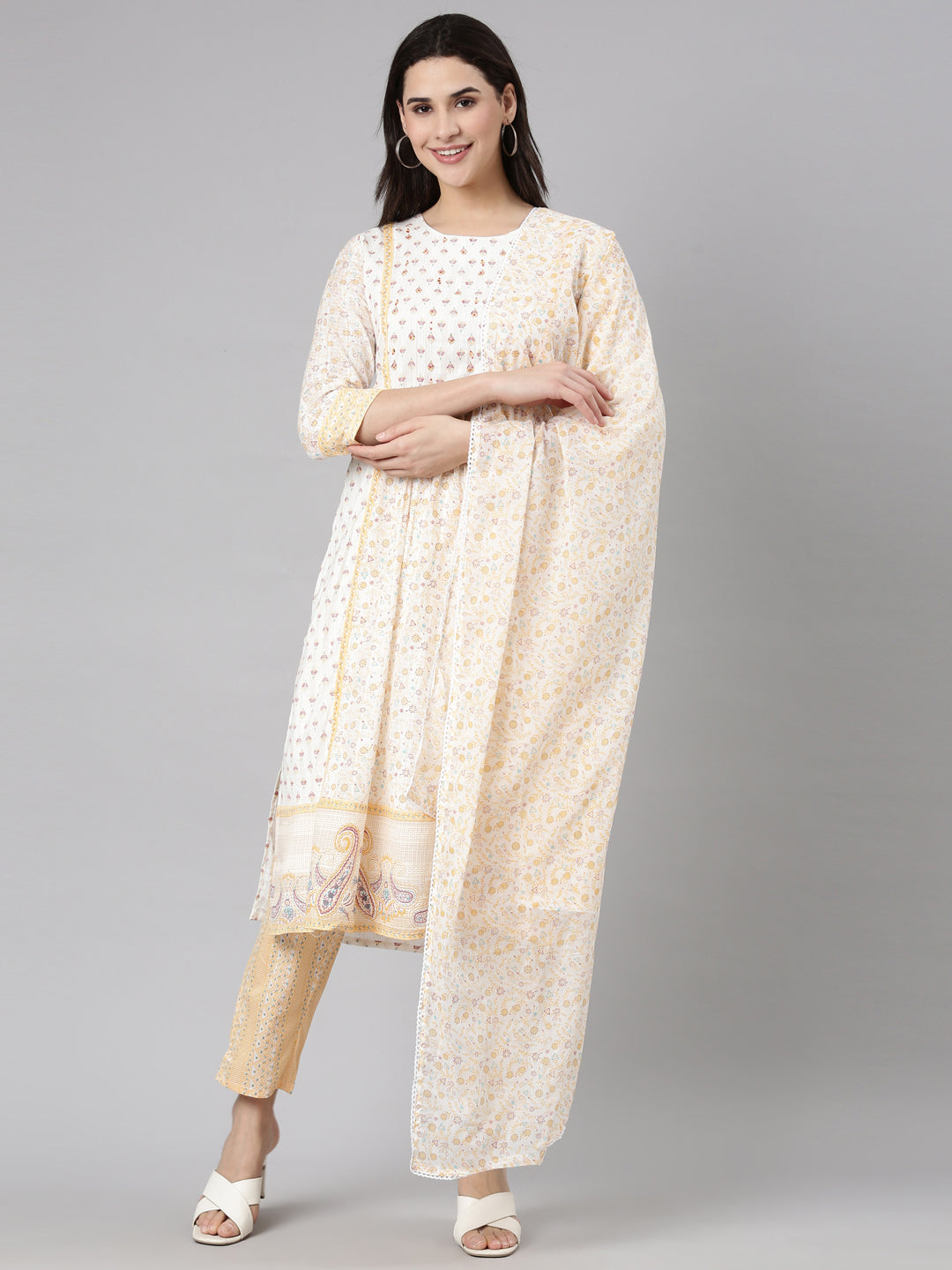 Neerus White Regular Straight Floral Readymade suits