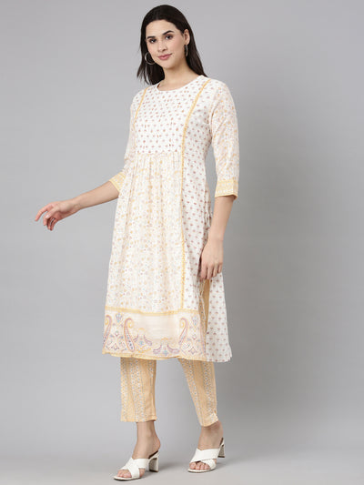 Neerus White Regular Straight Floral Readymade suits