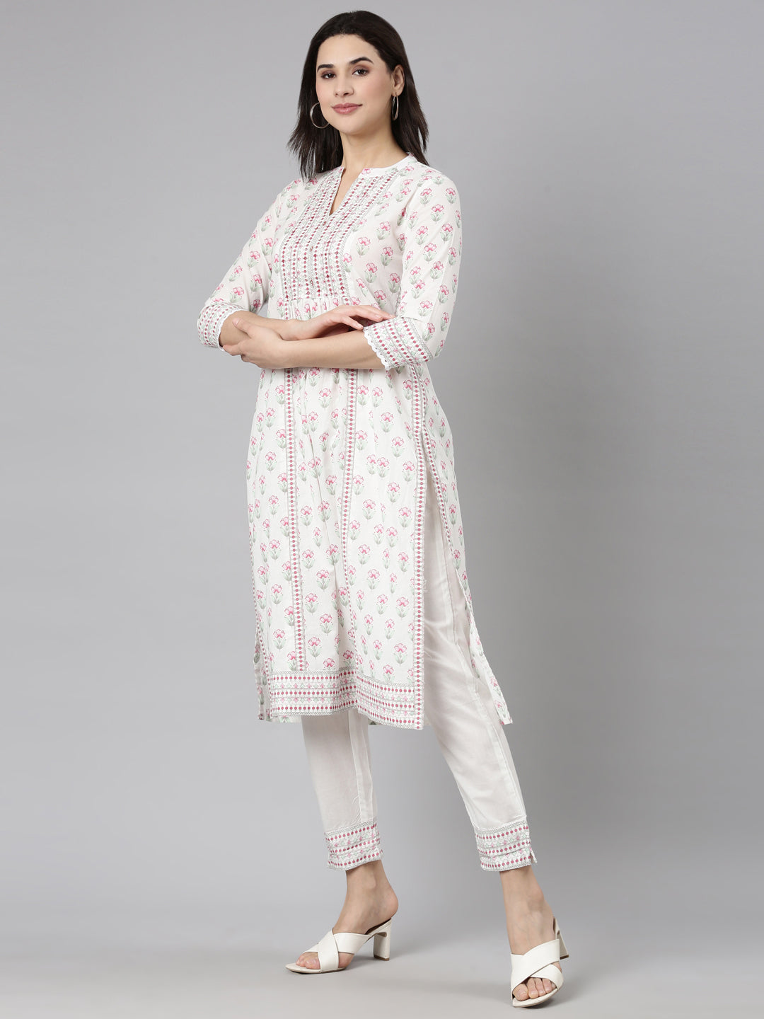 Neerus Pink Regular Straight Floral Kurta And  Trousers With Dupatta