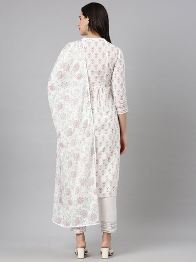 Neerus Pink Regular Straight Floral Kurta And  Trousers With Dupatta