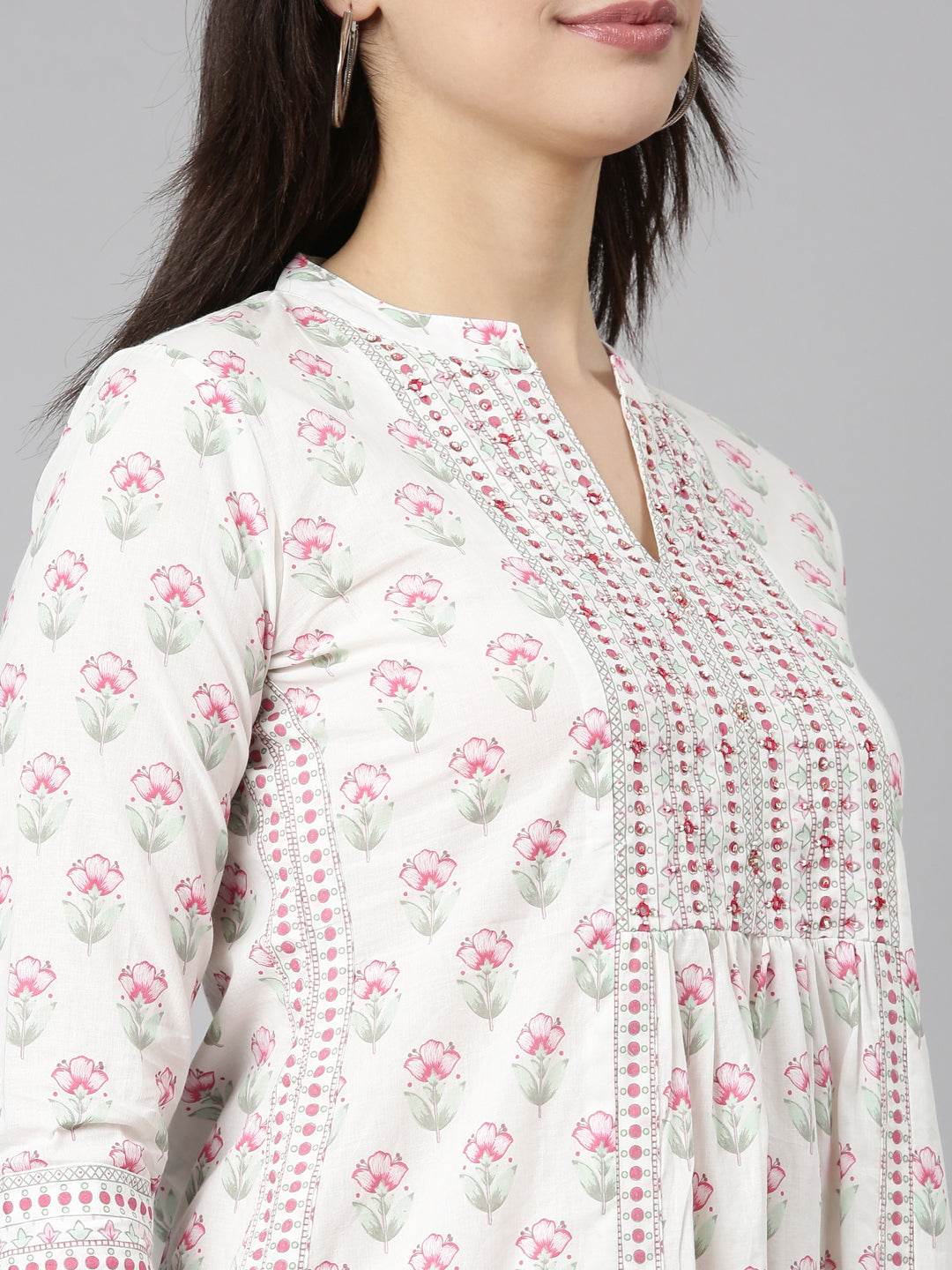 Neerus Pink Regular Straight Floral Kurta And  Trousers With Dupatta