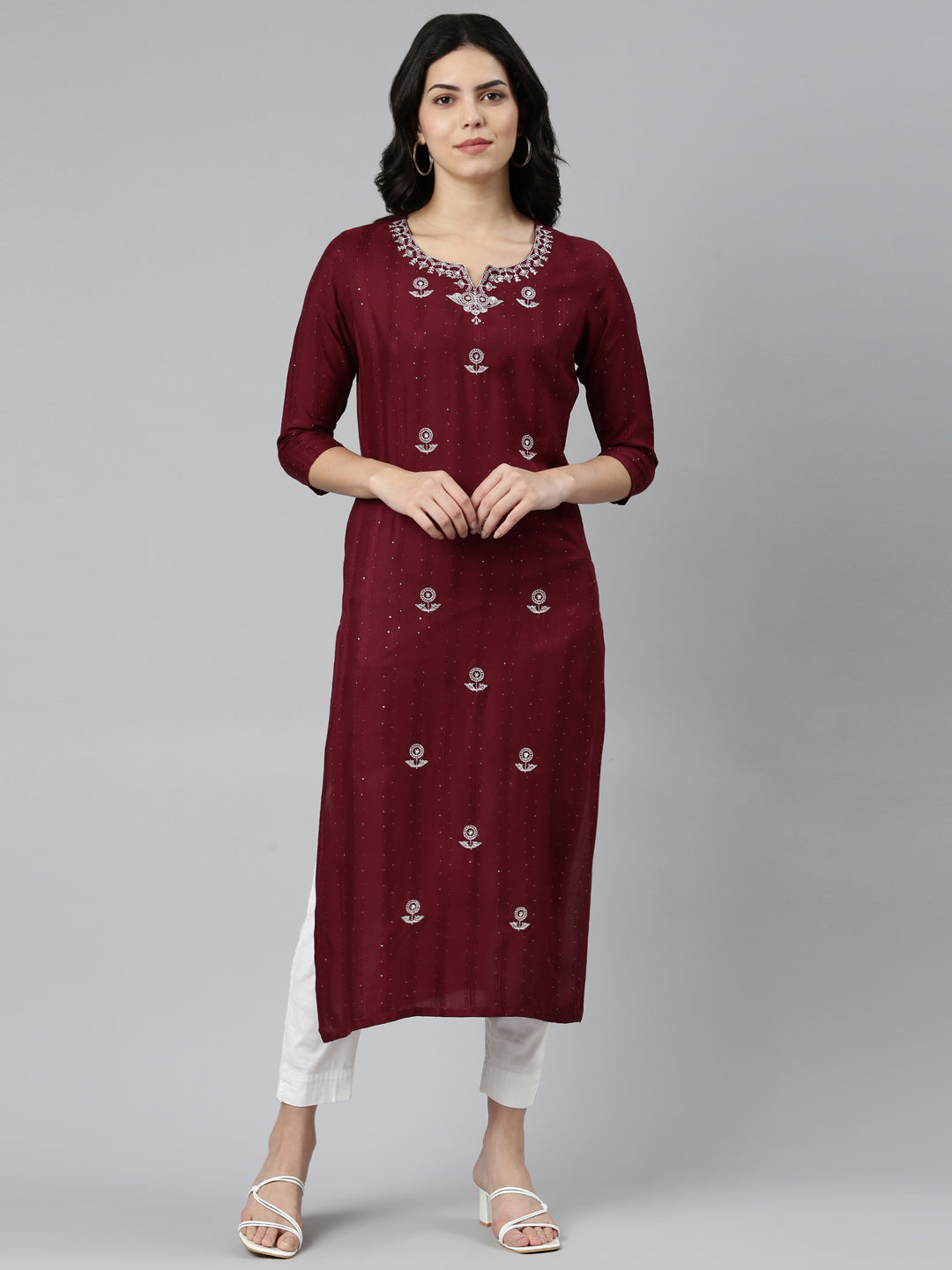 Neeru's Maroon Regular Straight Embroidered Kurtas