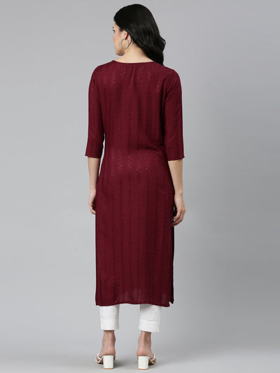 Neeru's Maroon Regular Straight Embroidered Kurtas