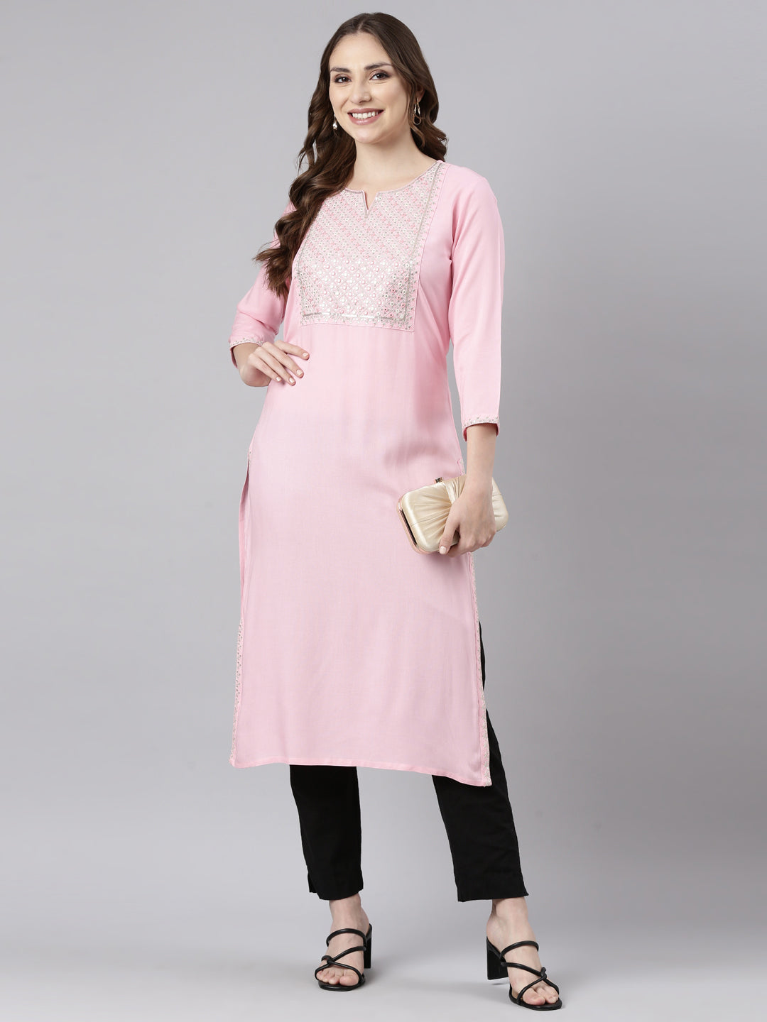 Neerus Pink Panelled Straight Solid Kurtas