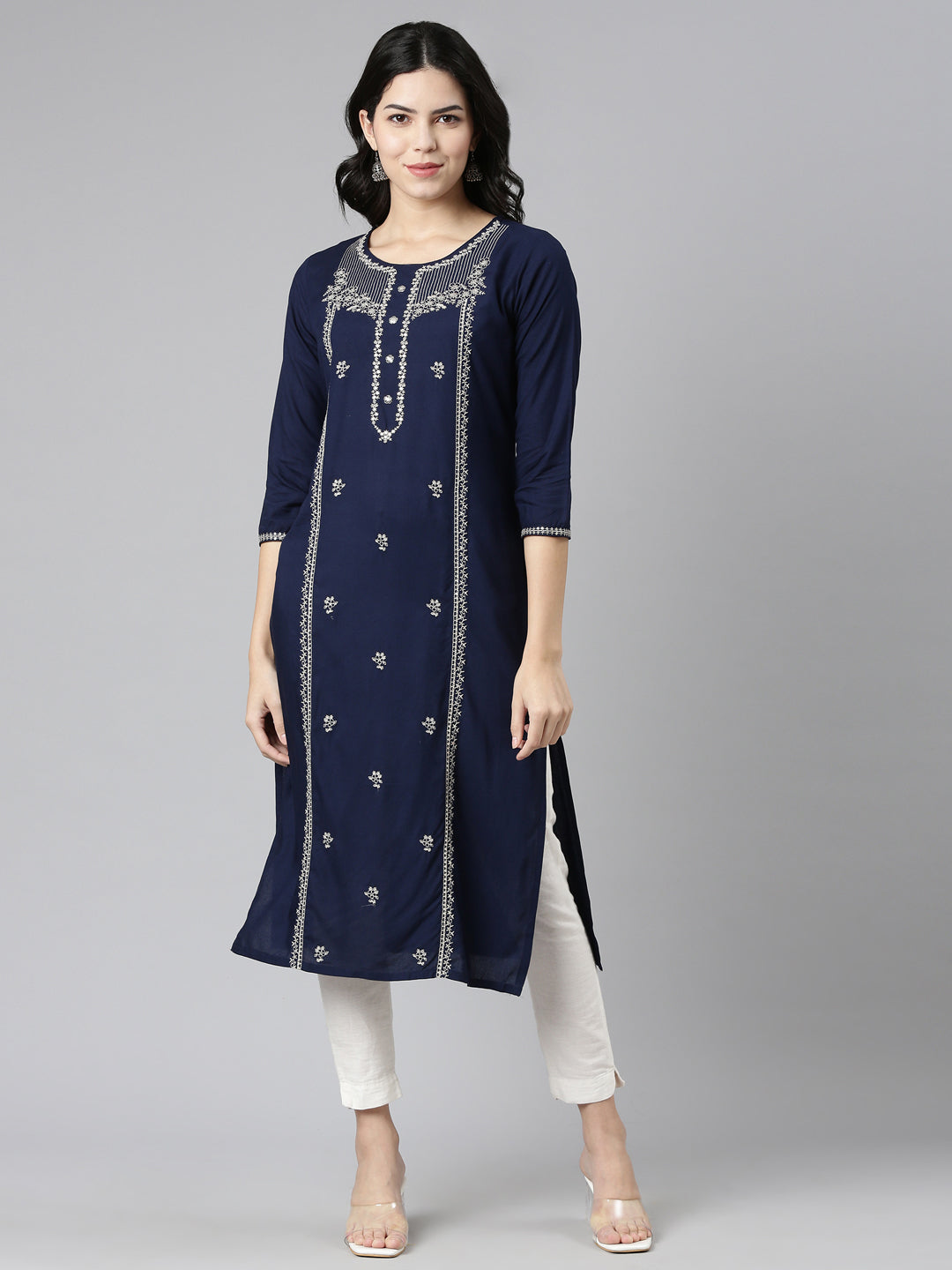 Neeru's Navy Blue Regular Straight Embroidered Kurtas