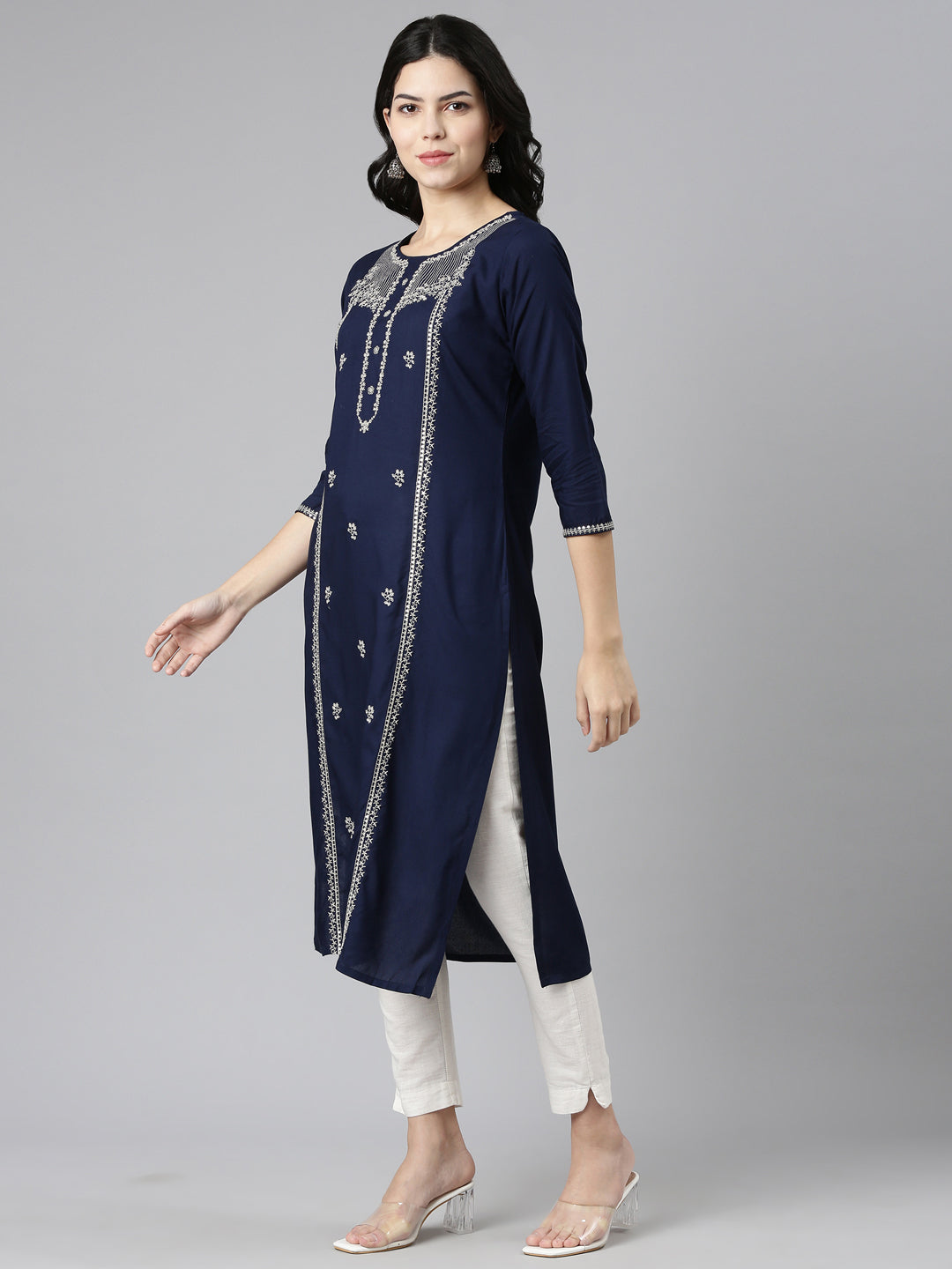 Neeru's Navy Blue Regular Straight Embroidered Kurtas