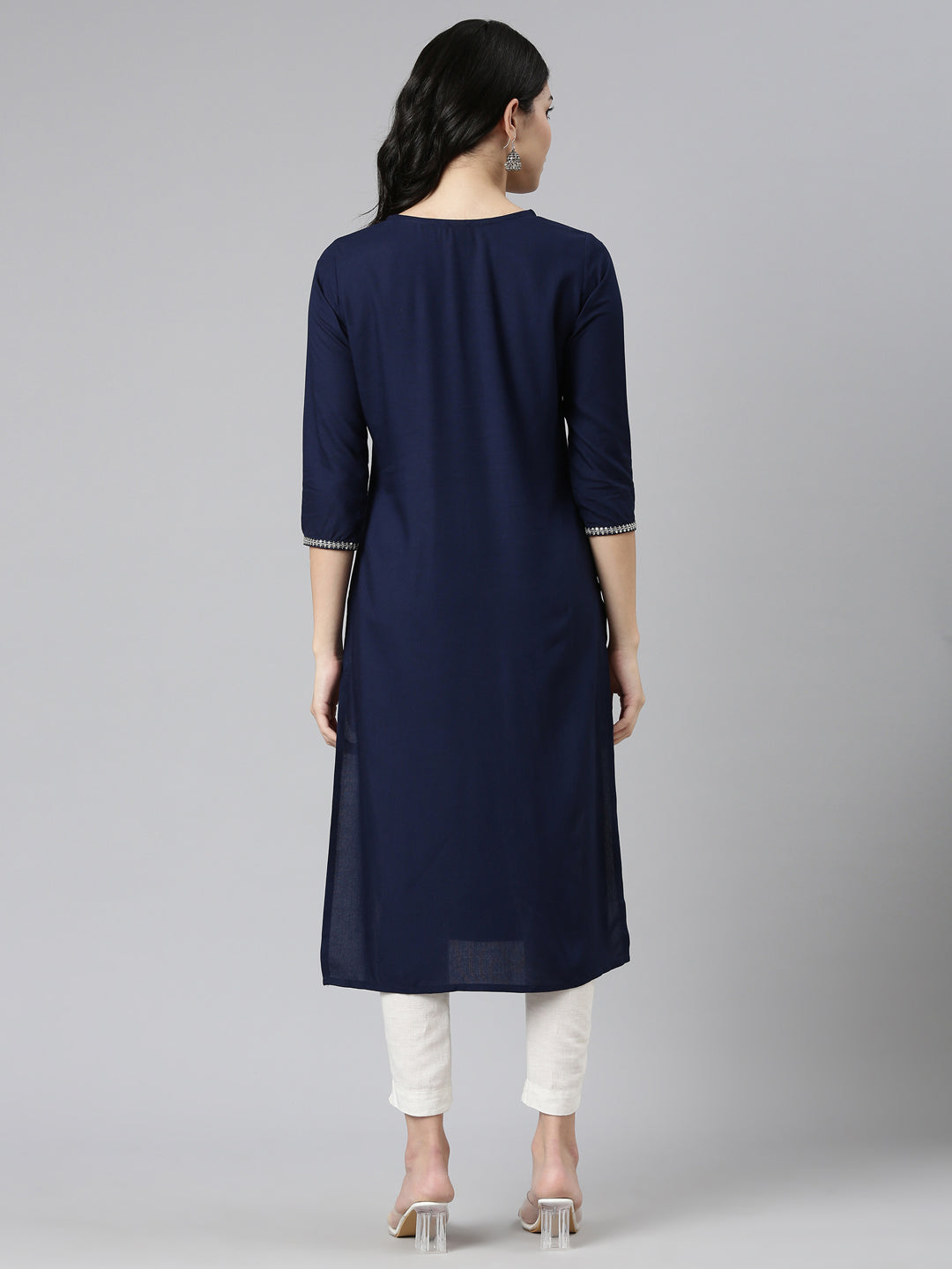 Neeru's Navy Blue Regular Straight Embroidered Kurtas