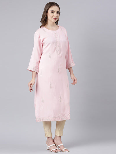 Neerus Pink Panelled Straight Floral Kurtas